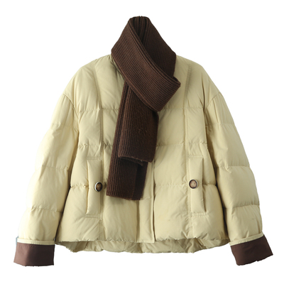 奶黄色无领羽绒服搭配围巾领女士2026冬季新款韩系高级感加厚外套