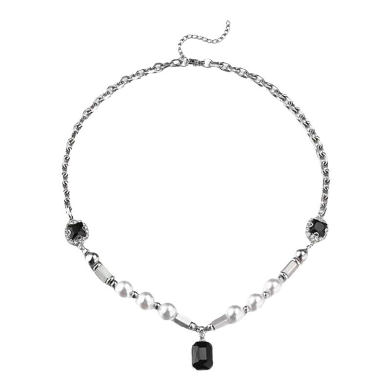 珍珠黑宝石钛钢项链女小众设计感高级锁骨链男毛衣链2024年新款潮