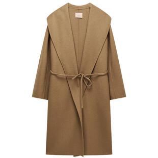 【季末折扣】欧时力100%羊毛双面呢翻领袍式大衣外套腰带2025秋冬