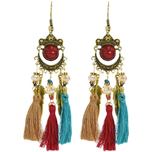 民族风气质绳穗宝石流苏耳环复古棉线树叶长款耳饰西藏藏饰藏族