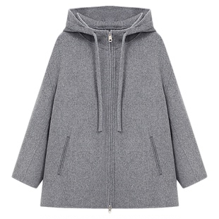 Basic House/百家好连帽双面呢大衣2025冬季新款灰色羊毛呢短外套