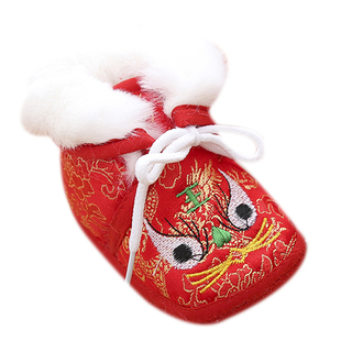 婴儿老虎头鞋宝宝秋冬款缎子鞋眉眼鞋软底鞋带红色绣花新生学步鞋