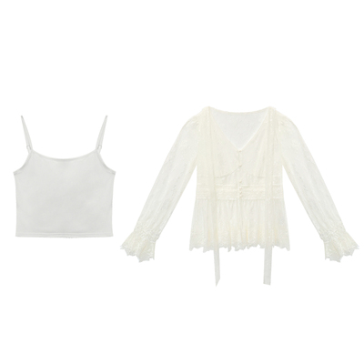 甜美长袖收腰蕾丝衫+打底吊带