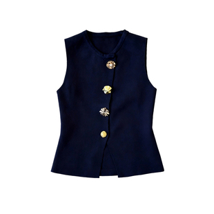 韩版藏青色针织马甲背心女2025秋款高级感金扣马夹法式无袖小上衣