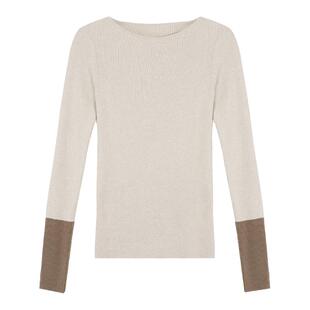 MULVAN【现货6折】撞色长袖针织衫女设计感圆领修身内搭打底上衣