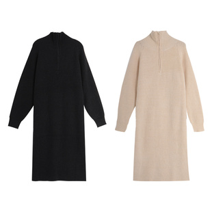 西町村屋连衣裙女冬季文艺感简约翻领开衩针织长裙HD8501298