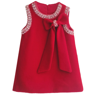 女童毛呢新年A字背心裙2025冬装新款韩版蝴蝶结公主红呢子连衣裙