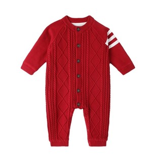 Oak mont婴儿针织连体衣冬装满月喜庆衣服宝宝加绒加厚毛衣纯棉