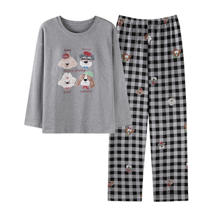卡之恋睡衣女款长袖春秋季纯棉带胸垫灰色可爱狗狗睡裤格子家居服