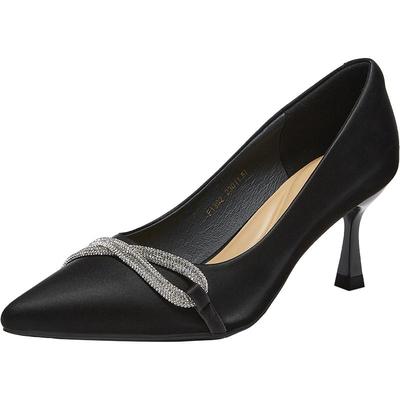 百思图春季黑色尖头细跟浅口单鞋