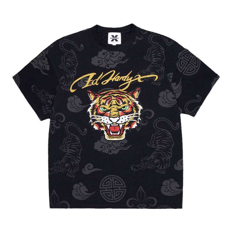 Ed Hardy X2024新款夏季老虎头印花拔印烫仿钻休闲韩版潮流T恤衫