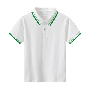 30男女童polo衬衫短袖T恤夏季白领绿边学生校服班服儿童白色打底