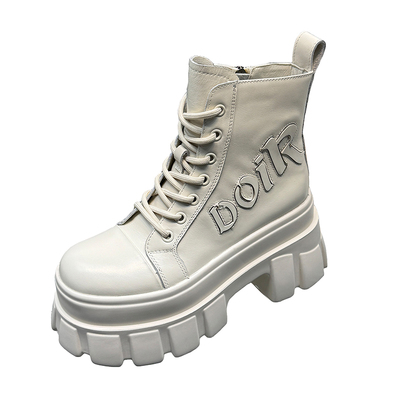 松糕厚底马丁靴女2025年秋冬新款真皮白色显瘦坡跟增高小个子短靴