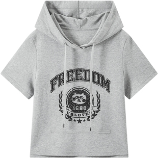 URLAZH有兰秋季新款减龄学院风U等等猫咪珠片绣短款连帽短袖T恤女