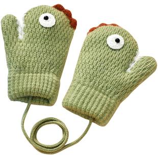 1-4岁婴幼童保暖手套冬季儿童宝宝男童可爱小恐针织加厚加绒挂脖