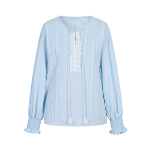 HeyDress法式纯棉衬衫女秋季流苏系带设计衬衣白色长袖度假风上衣