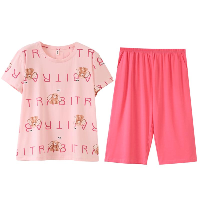 胖mm大码纯棉家居服200斤加肥加大七分裤夏季短袖宽松睡衣女套装