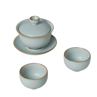 汝窑盖碗套装家用泡茶碗景德镇功夫茶具陶瓷手工汝瓷礼品随缘温文