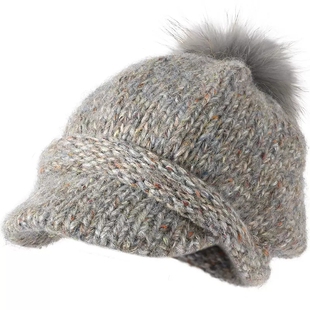 卡蒙洋气貉子毛球加绒保暖鸭舌针织帽子女冬显脸小百搭毛线贝雷帽