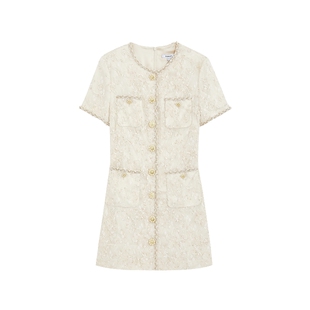 bebe2026夏季新款女士小香风粗花呢短袖金属扣装饰连衣裙250058