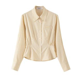 BANANA CICI2025年春季百搭竖条纹显瘦收腰休闲翻领长袖衬衫