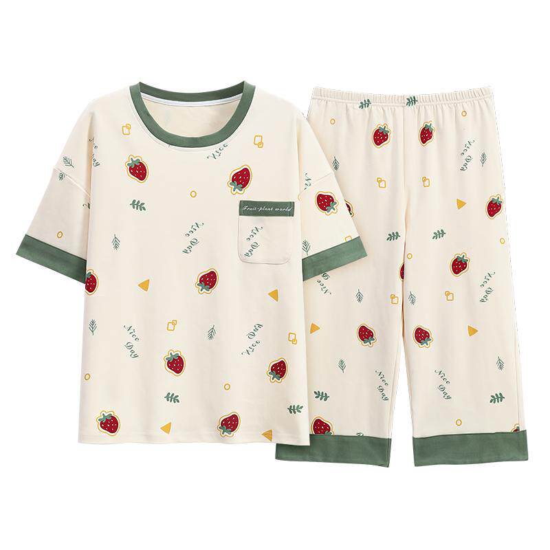 高级感睡衣女夏季纯棉短袖七分裤薄款套头全棉夏天家居服两件套装