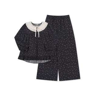 Ullala乌拉拉韩国进口复古娃娃领碎花睡衣女秋冬圆领家居服甜美