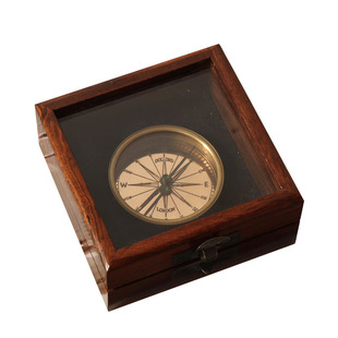 印度进口英伦黄铜指南针复古加勒比海盗罗盘带木盒户外登山露营