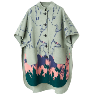 YUESPACE双面羊毛斗篷时尚印花无袖毛呢外套中长款宽松立领女秋冬