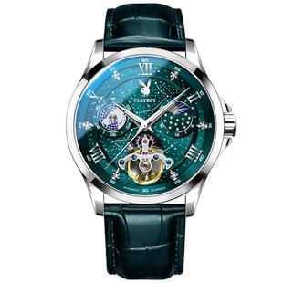 新款正品花花公子男士手表防水机械表全自动镂空飞轮绿魔星空腕表