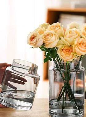 花瓶摆件客厅插花玻璃轻高级感透明培复古大肚餐桌水矮宽口玫瑰奢