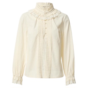 Famecoco折扣店法式重工衬衫荷叶边立领纯棉花苞袖衬衣FAB8BD001