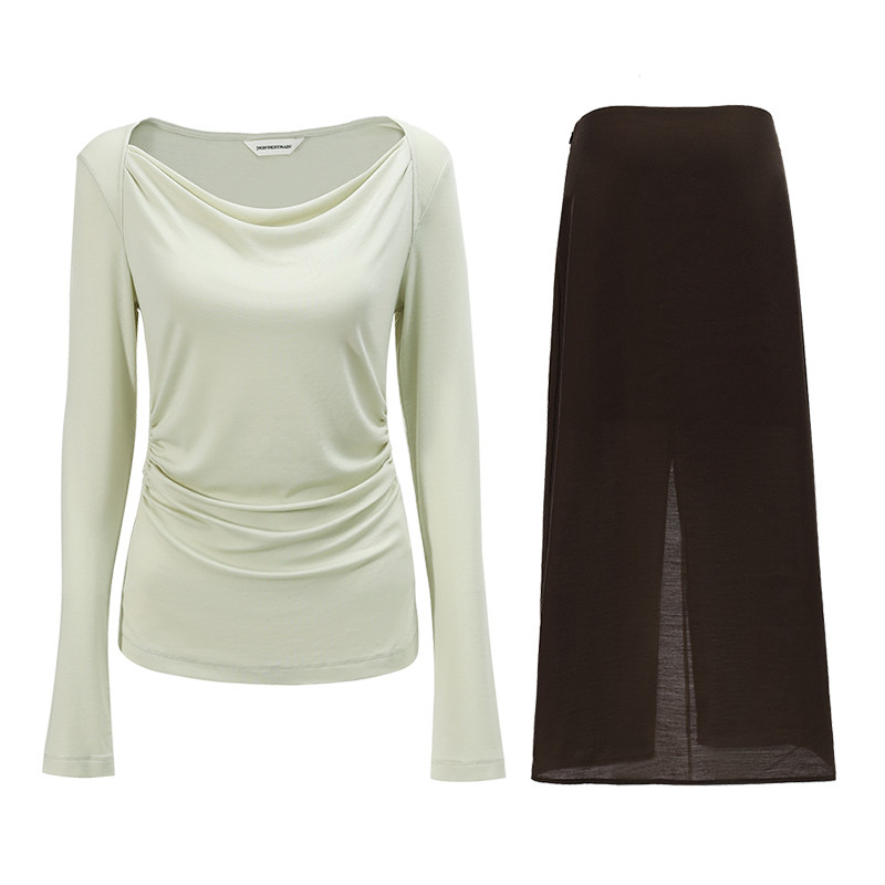 【所有女生的衣橱直播间】NON RESTRAIN荡领T恤上衣/咖棕色半身裙