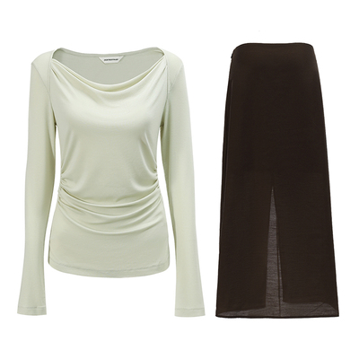 【所有女生的衣橱直播间】NON RESTRAIN荡领T恤上衣/咖棕色半身裙