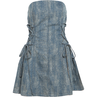 KLIOU 纯欲气质奶蓝色抹胸连衣裙女设计感小众收腰系带显瘦A字裙