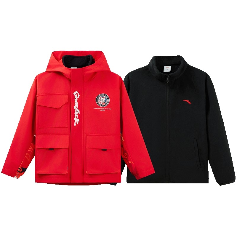 新年红色安踏儿童两件套上衣2026春新款舒适保暖中大童连帽外套潮