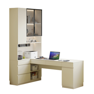 定制橡木书桌书柜一体靠墙转角书架学习电脑桌儿童写字桌实木玻璃