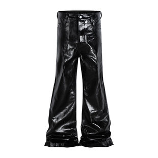 VE2 先锋漆皮涂层亮面显瘦修身长裤子男四季款透气堆积牛仔喇叭裤
