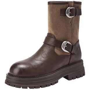 热风厚底时装靴女2025年冬季新款复古骑士短靴百搭马丁靴子女鞋