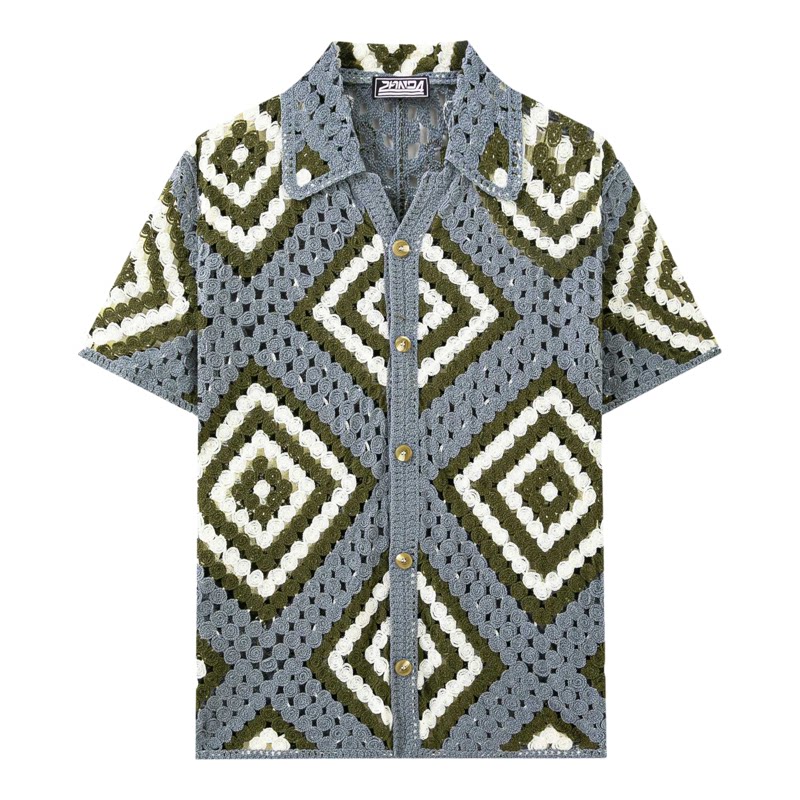 2026夏镂空钩花针织短袖衬衣男菱格提花休闲开衫POLO衫Men shirt