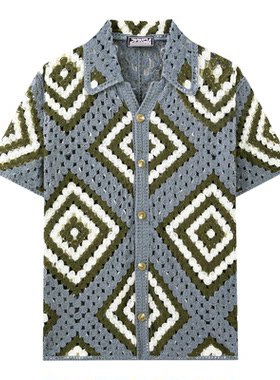 2026夏镂空钩花针织短袖衬衣男菱格提花休闲开衫POLO衫Men shirt