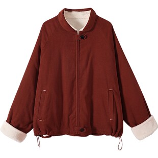 日系复古红色灯芯绒棉服女秋冬羊羔绒设计感小个子棉衣外套8943