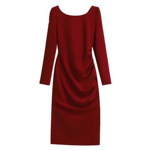 高端通勤捏褶红色礼服连衣裙春秋新款气质女人味包臀修身中长裙子