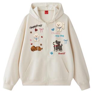 查尔斯桃心连帽卫衣男女同款秋冬季萌宠小狗印花情侣宽松开衫外套