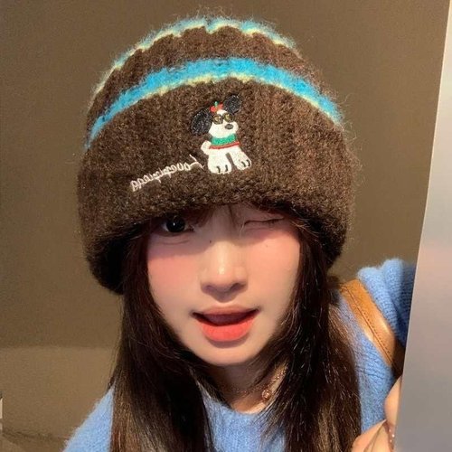 可爱条纹小狗宽松针织毛线帽子女秋冬保暖大头围显脸小包头堆堆帽