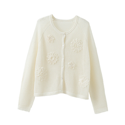 popchrio镂空花朵盘带绣针织开衫