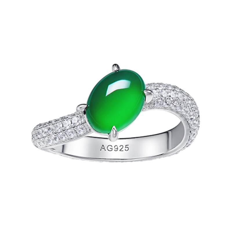 新中式简约满镶6*8mm波浪蛋形绿玉髓戒指女925银冰种近阳绿小蛋面