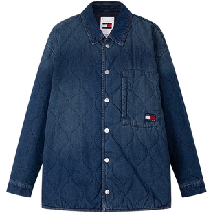 Tommy秋冬男女美式复古工装风刺绣绗缝翻领轻暖宽松牛仔棉服外套