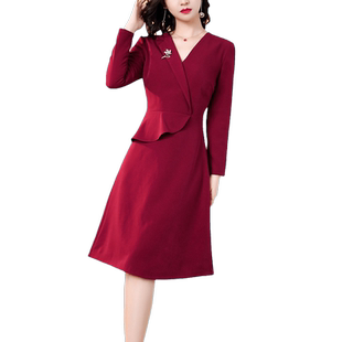 西装翻领连衣裙夏2025年春秋新款女红色宴会礼服收腰长袖a字裙子