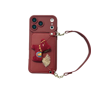 酒红毛绒小马卡包适用苹果16promax手机壳新款iPhone17pro斜挎15挂绳13/14全包12软11硅胶78PLUS腕带XR防摔套